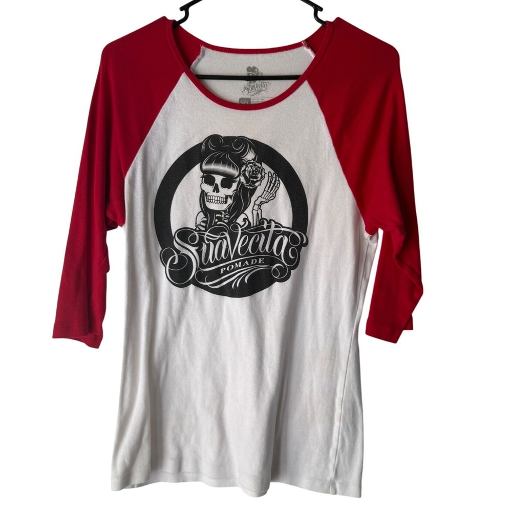 Suavecita Pomade 2010s Skull Rose‎ Baseball Tee Red White Rockabilly Women's XL